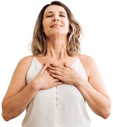 Duelle Progesterone Cream How it Works page image of a beautiful middle aged woman wearing a white top clutching her chest with her hands looking very satisfied.