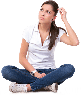 Duelle Progesterone Cream How it Works page image of a young woman sitting crossed legged on the foor looking up to her right while scratching her head.